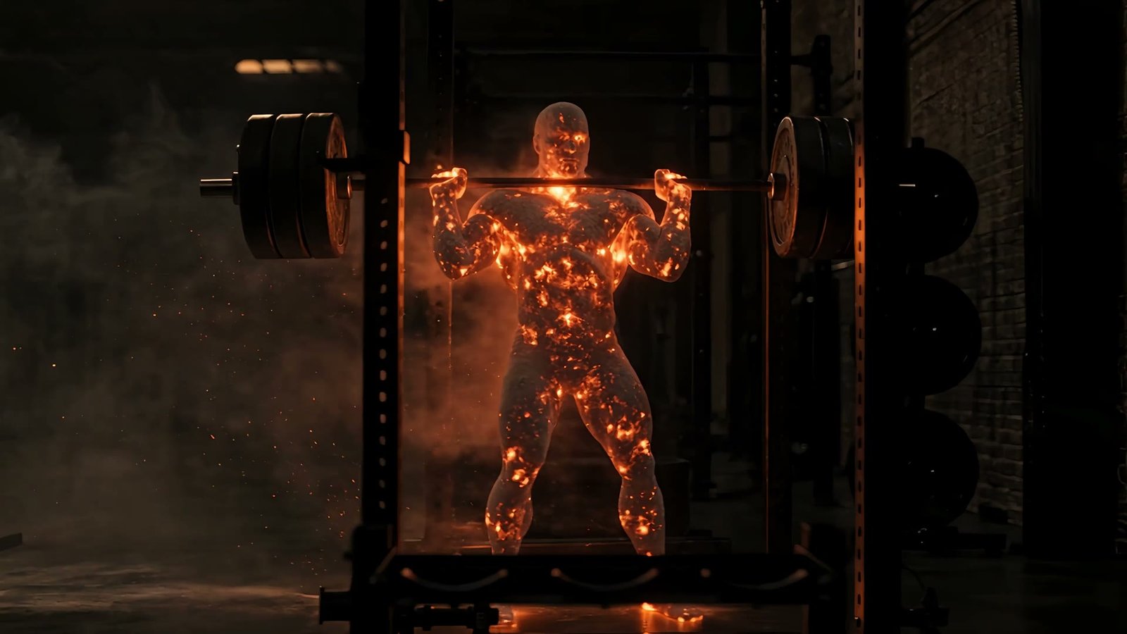 The Anvil Hall lifter, a figure of chalk and ember, squatting a loaded bar in a rack
